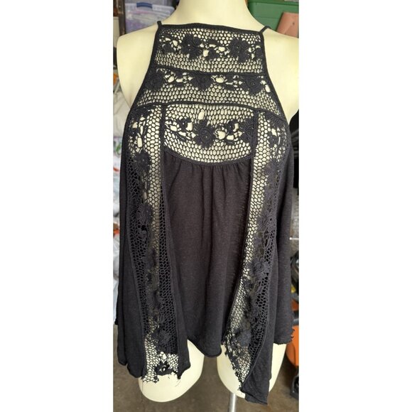 Free People XS TP Black Crochet Black Raw Hem Floral Sleeveless Top Open Back - Picture 1 of 12